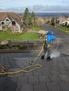 Man softwashing a residential roof to prevent moss, mold, and water damage in Vancouver, WA.