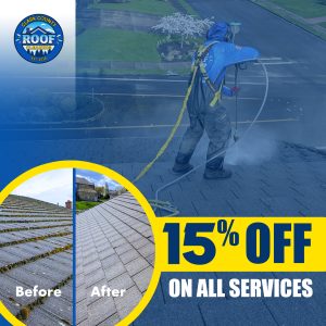 Before and after roof cleaning showing moss removal with 15% off promotion by Clark County Roof Cleaning